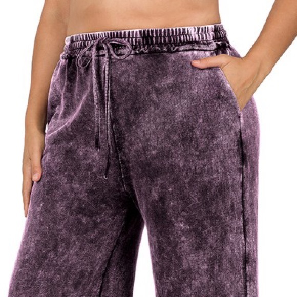 Plus Blackberry Terry Mineral Washed Drawstring Waist Raw Hem Pants - Picture 4 of 4